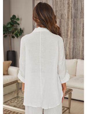 Linen Long Sleeve Button Down Shirt, White