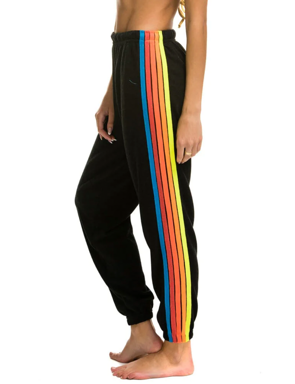 5 Stripe Womens Sweatpant, Black/Neon Rainbow