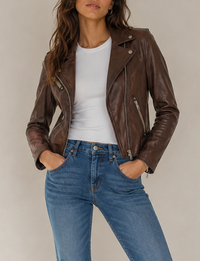 Sofia Leather Moto Jacket, Brown