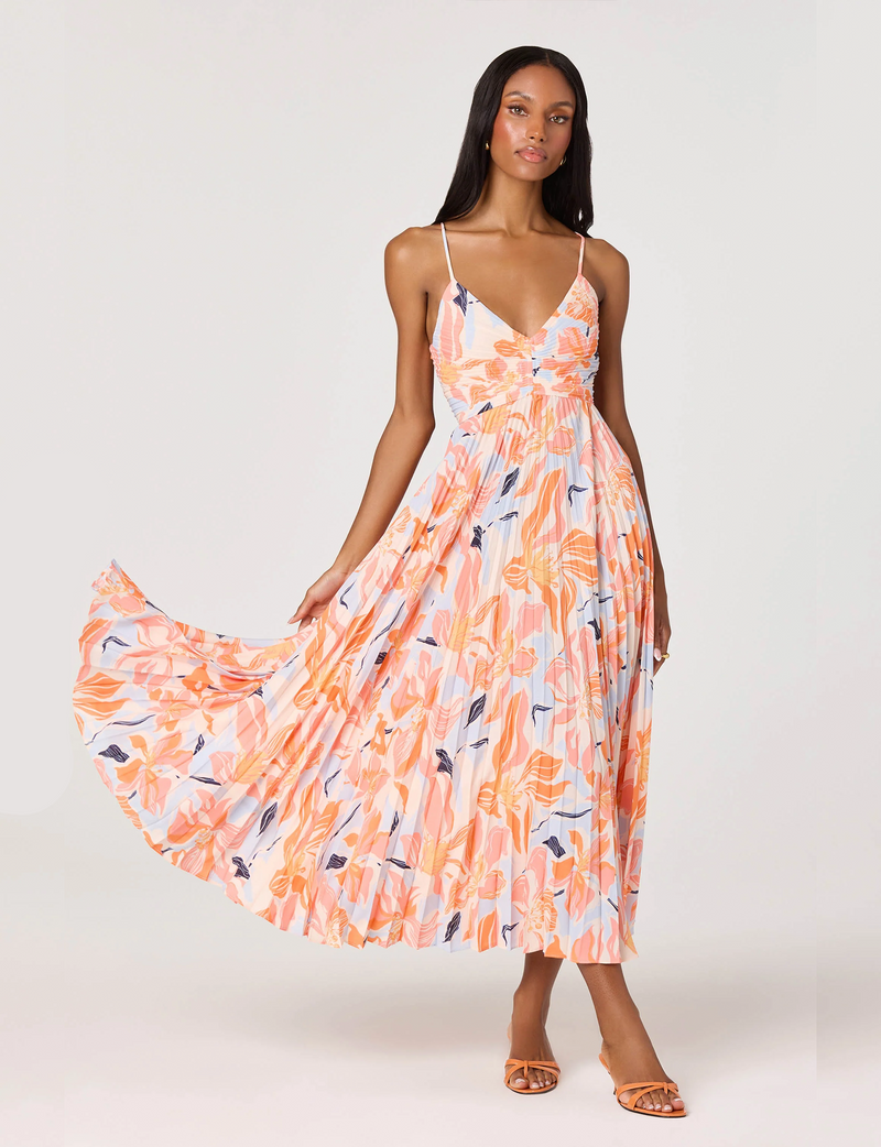 ASTR the Label | Blythe Floral Plisse Midi Dress in Orange Blue Floral