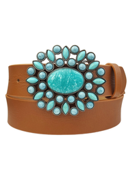 Turquoise Floral Buckle Belt, Tan Leather