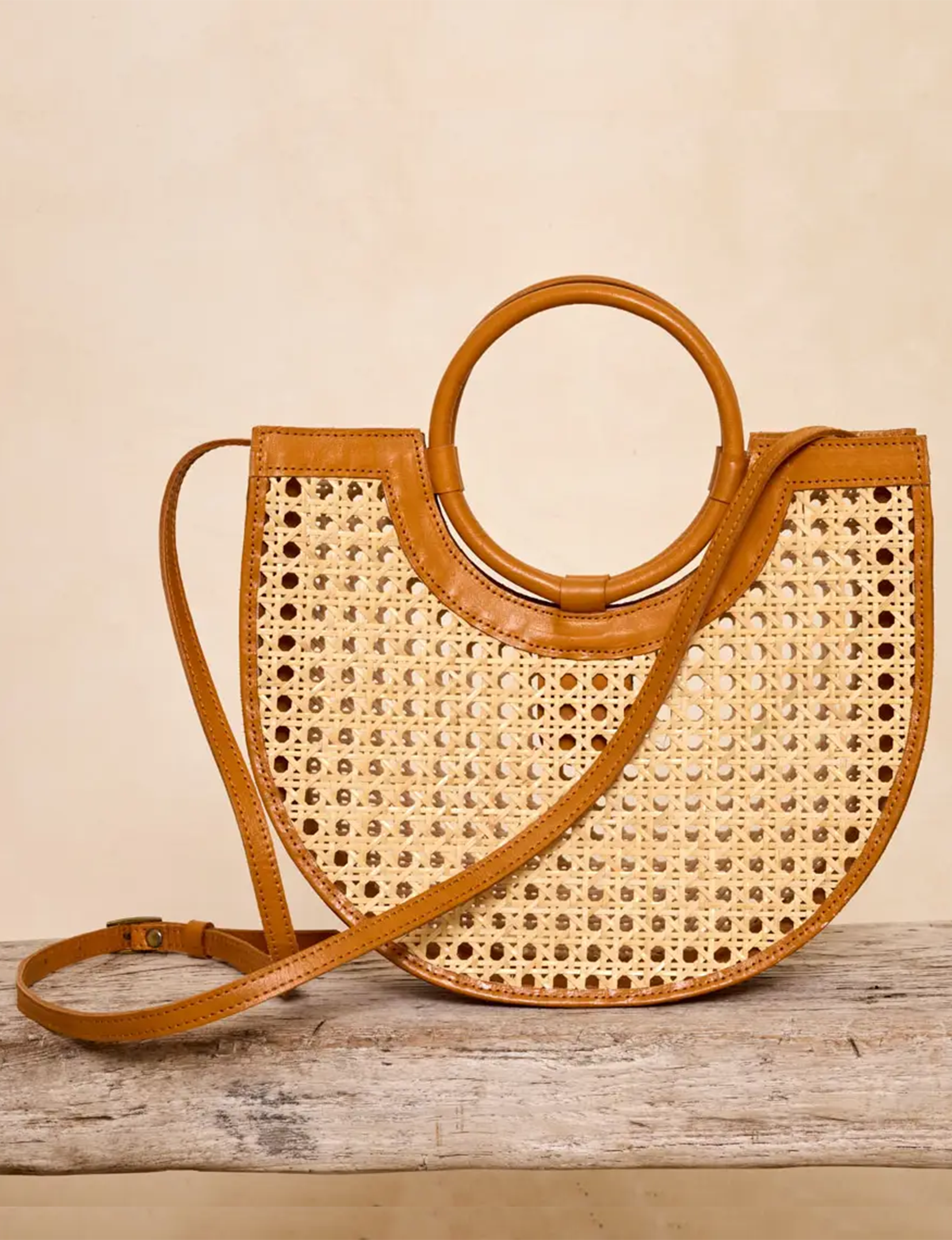 Round Leather Handle Handbag, Tan