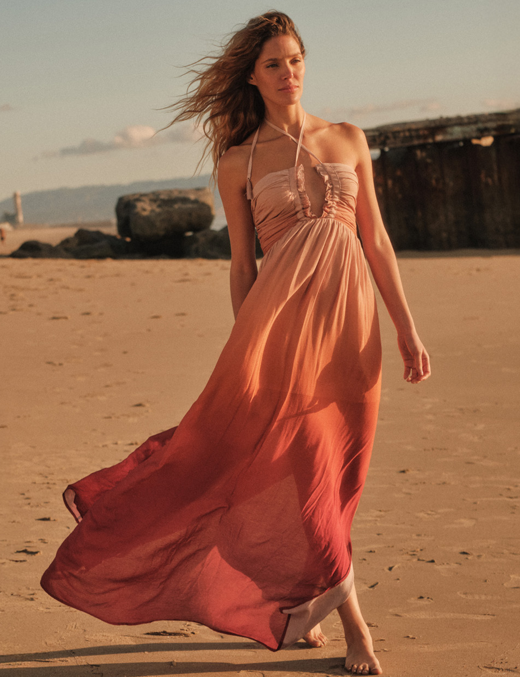 Ombre Halter Maxi Dress, Sunburn L