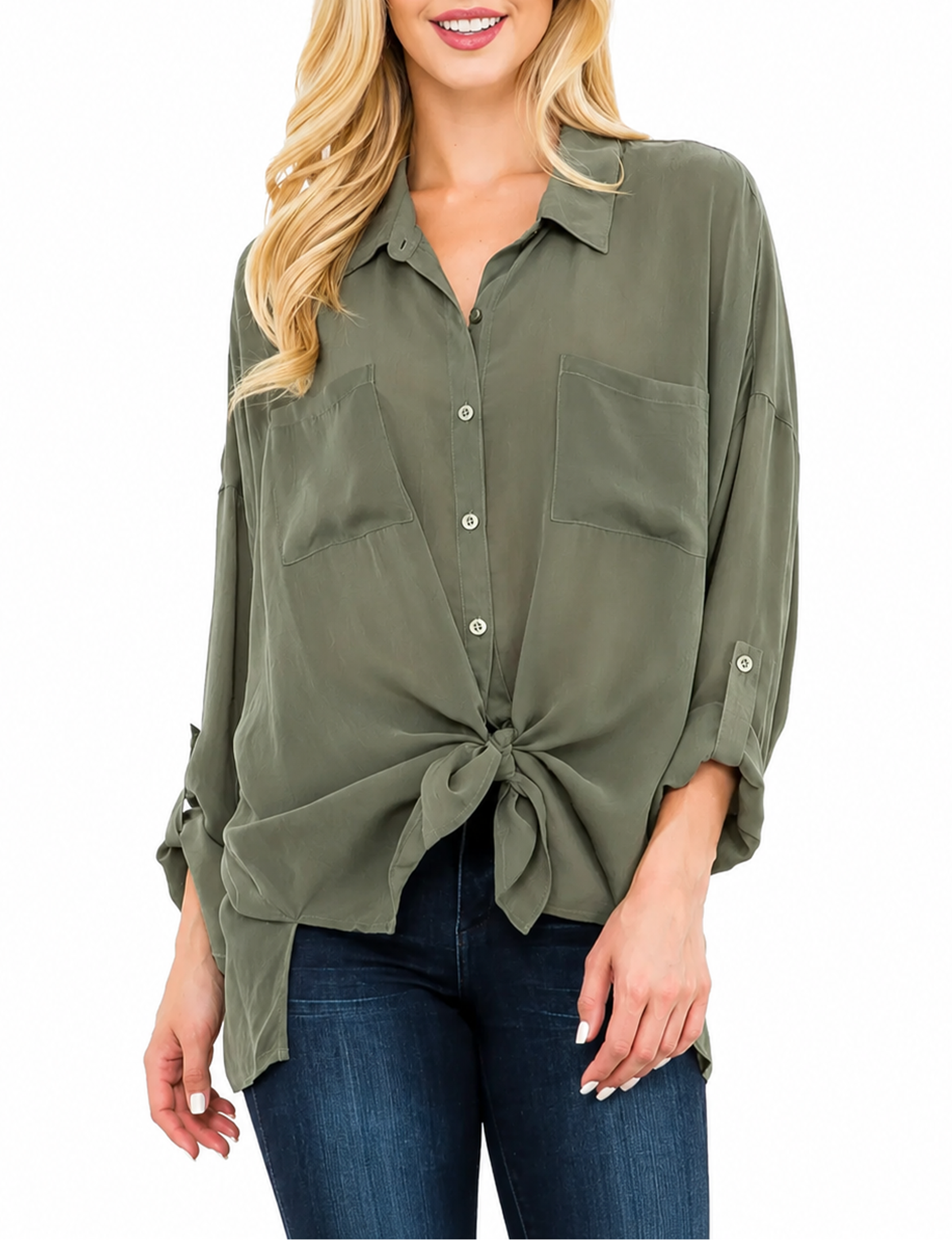Cargo Button Down Tie Top, Olive