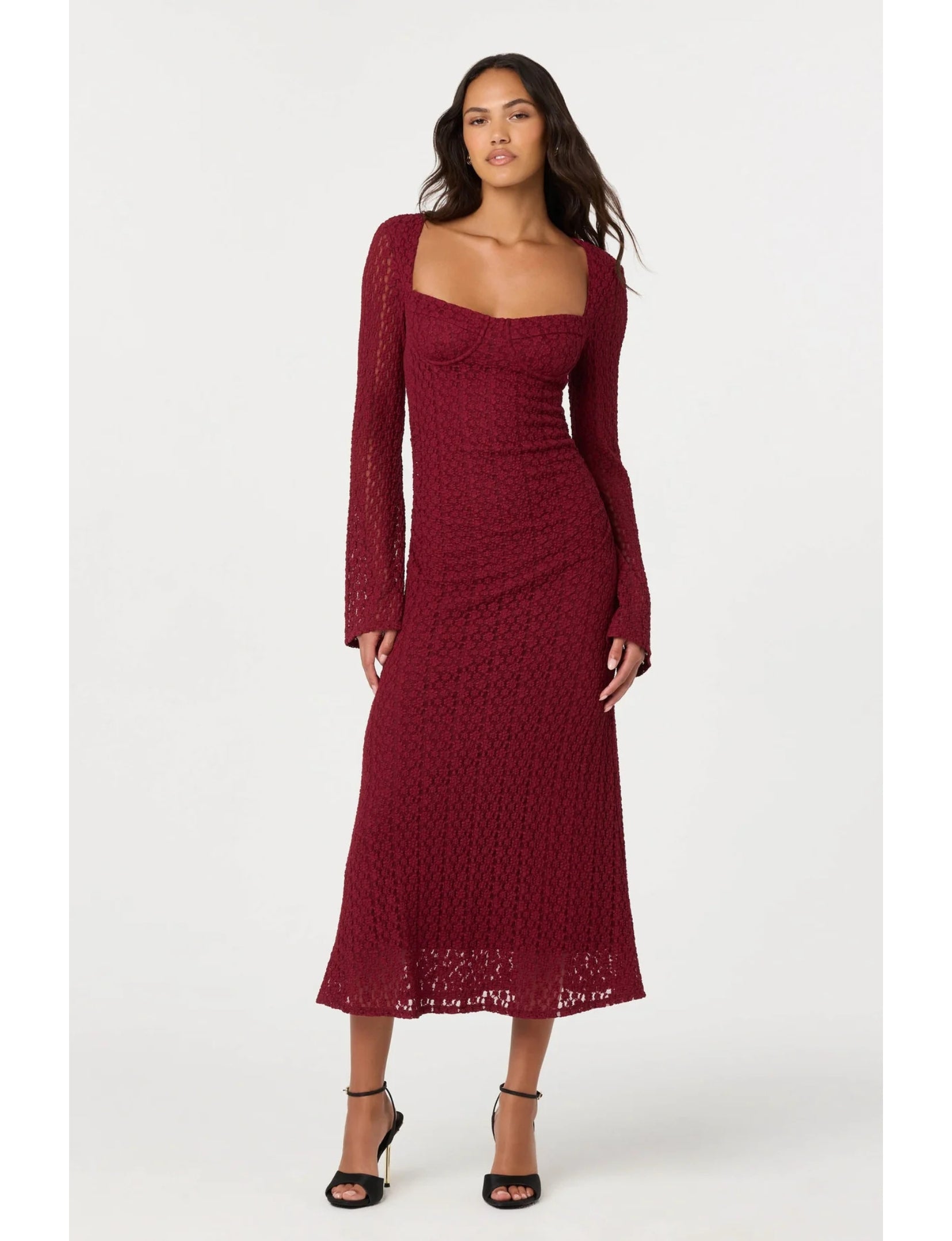 Tamia Lace Bustier Midi Dress, Wine