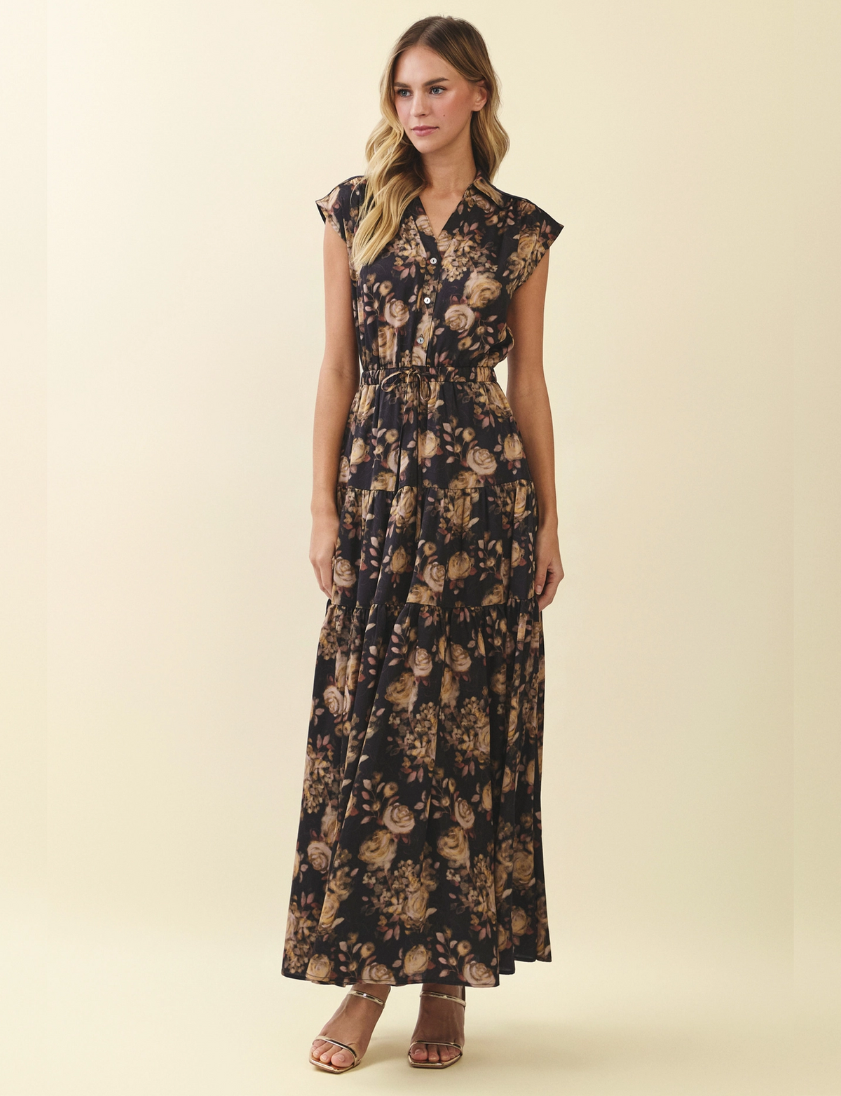 Floral Tiered Maxi Dress, Black/Multi