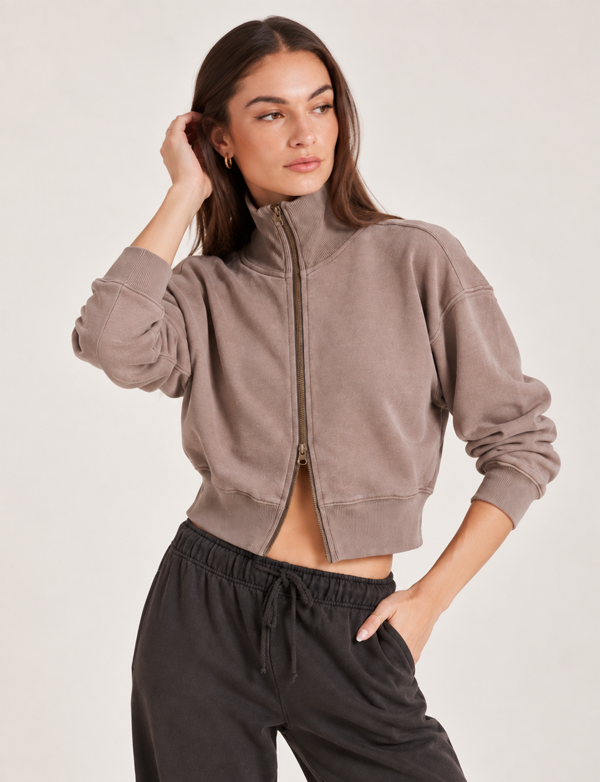 Funnel Neck Zip Up Sweatshirt, Faded Mushroom