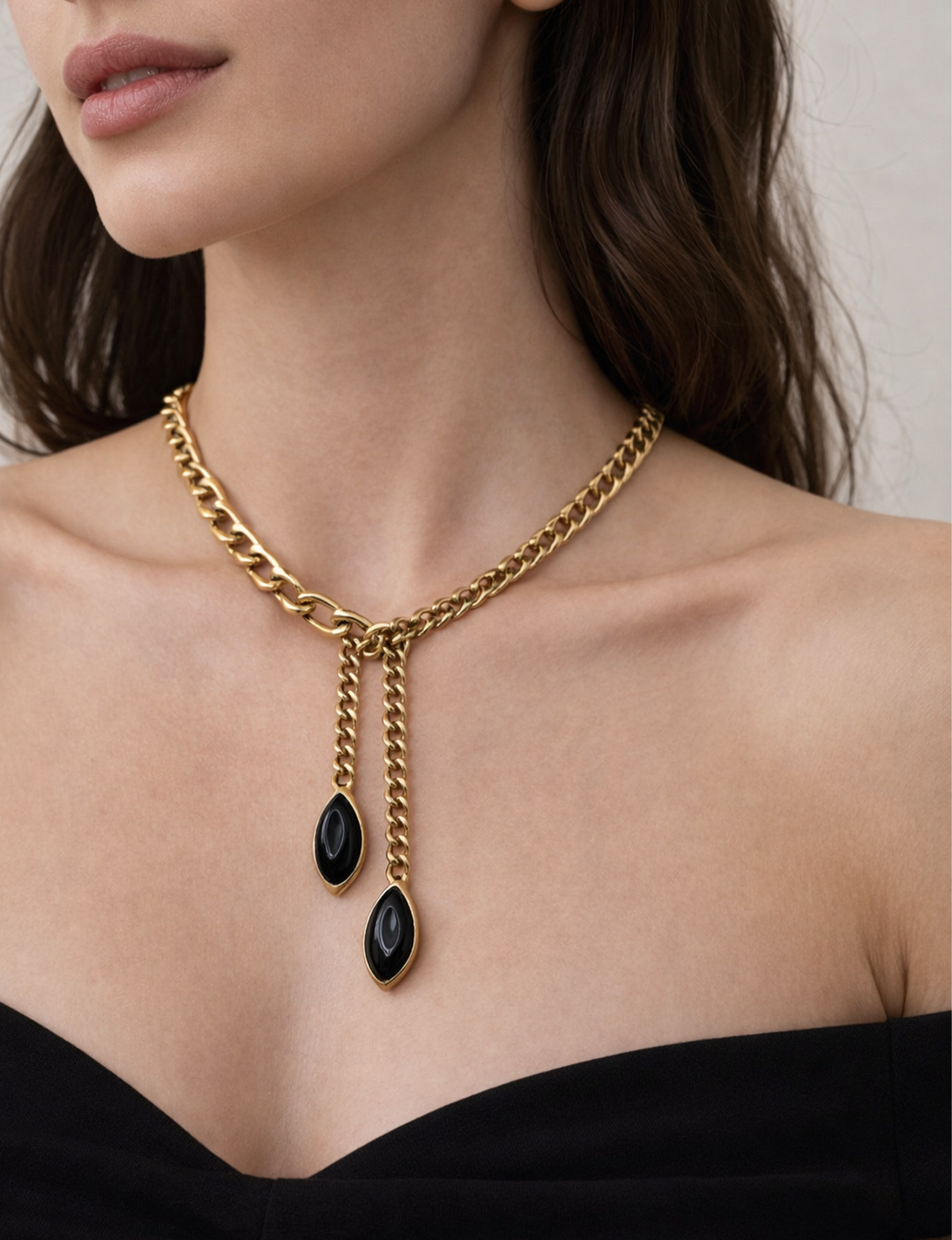 Obsidian Lariat Necklace, Gold/Black