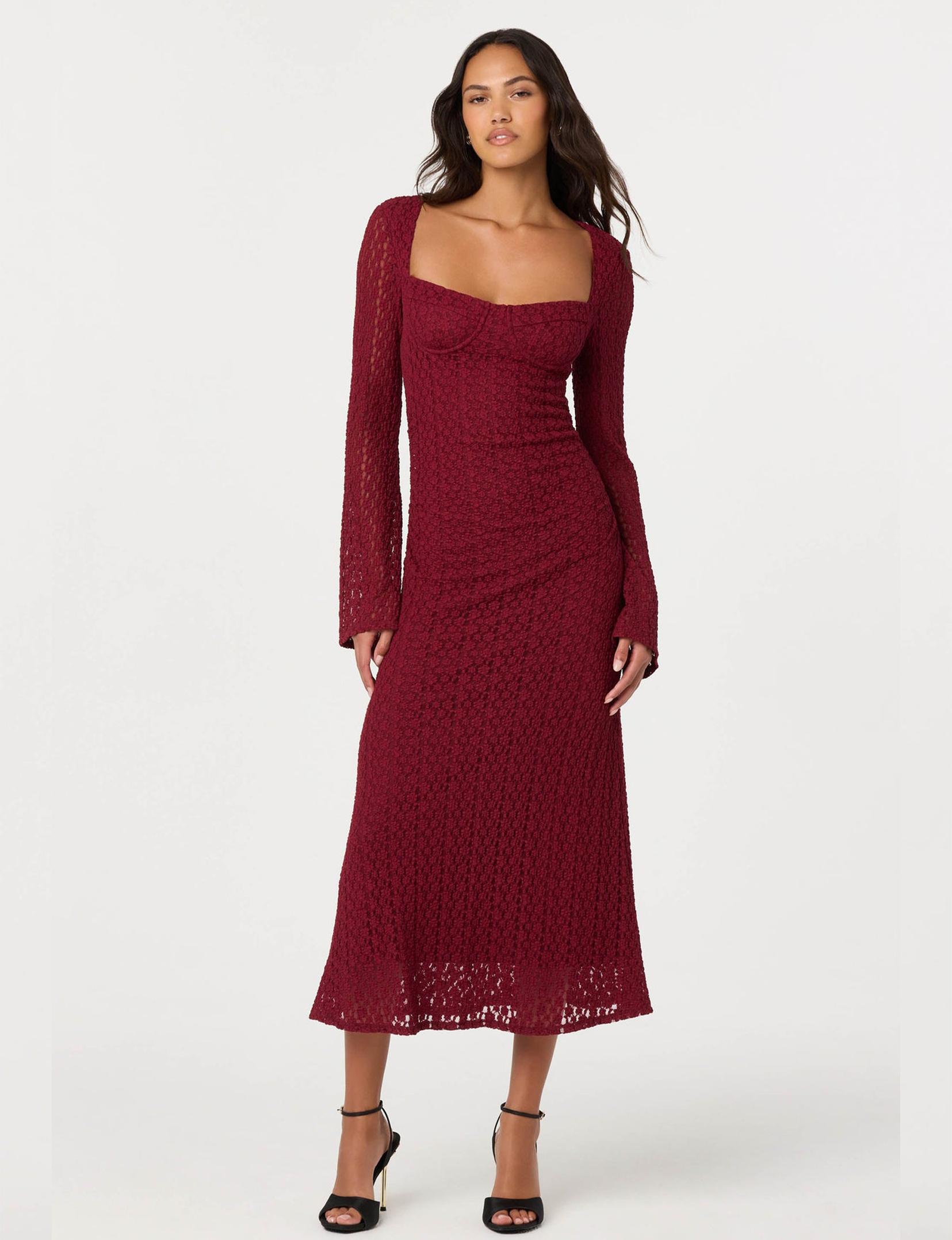 Tamia Lace Bustier Midi Dress, Wine