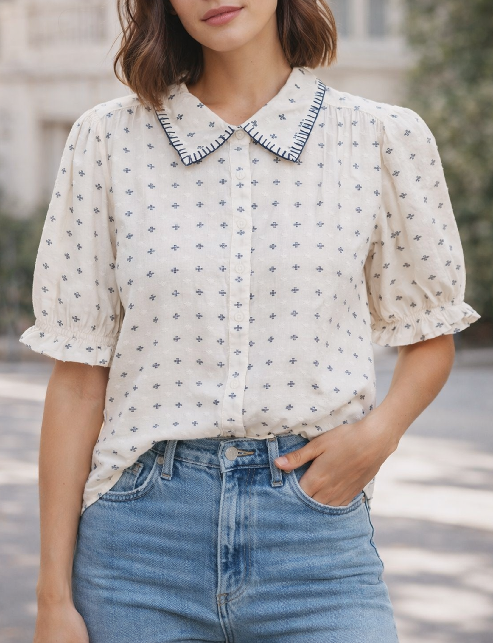 Lisbon Blouse, Embroidered Sand