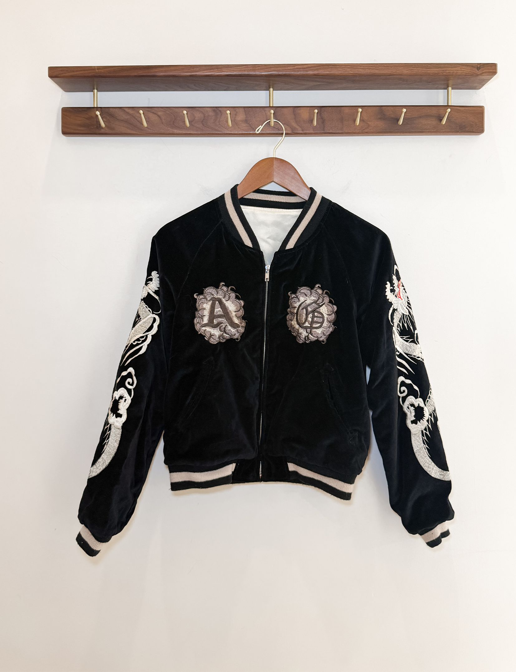 AllSaints Reversible Embroidered Bomber Jacket, Black Velvet