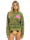 Heart Print Relaxed Crew Sweatshirt, Camo/Neon Pink