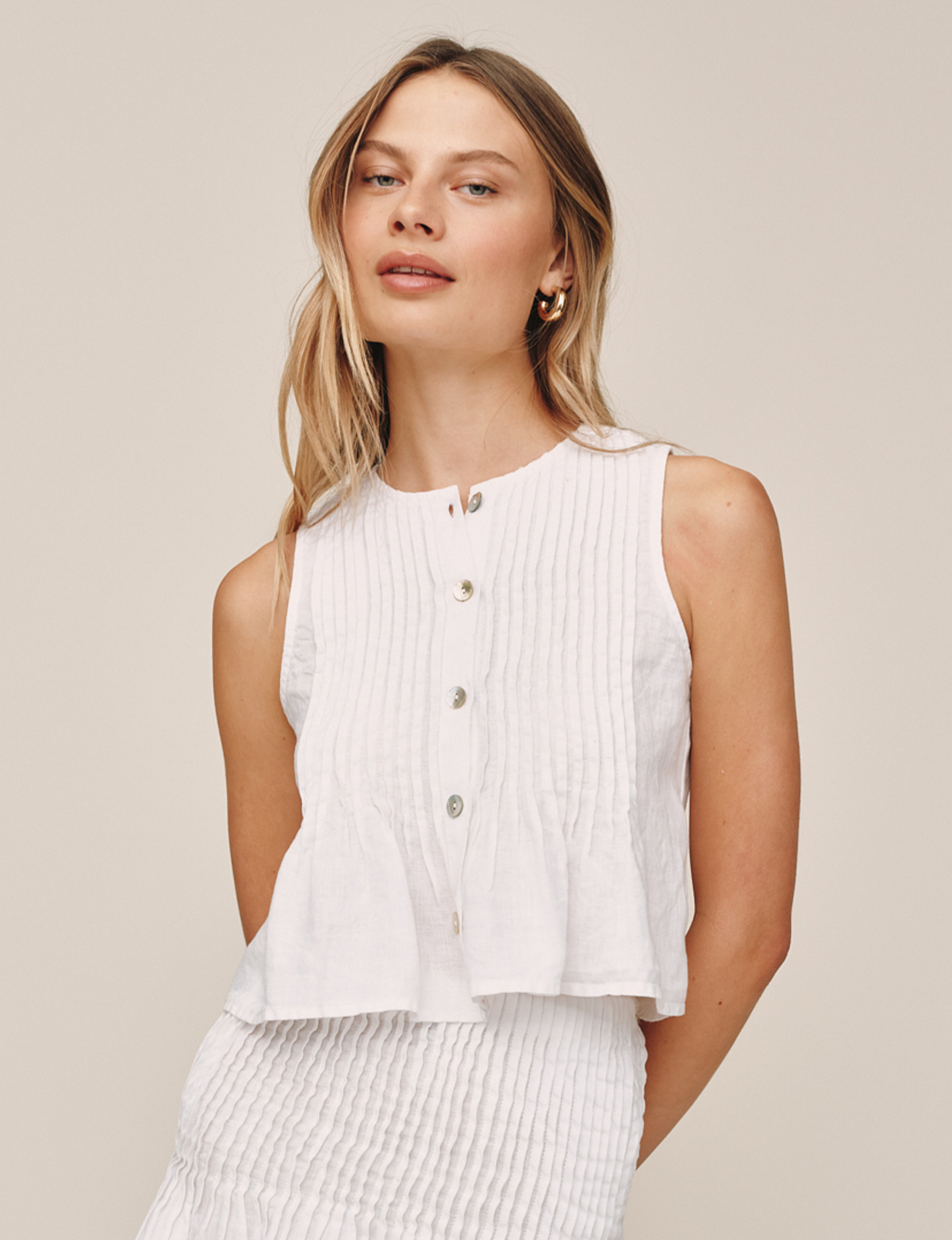 Pintuck Top, White