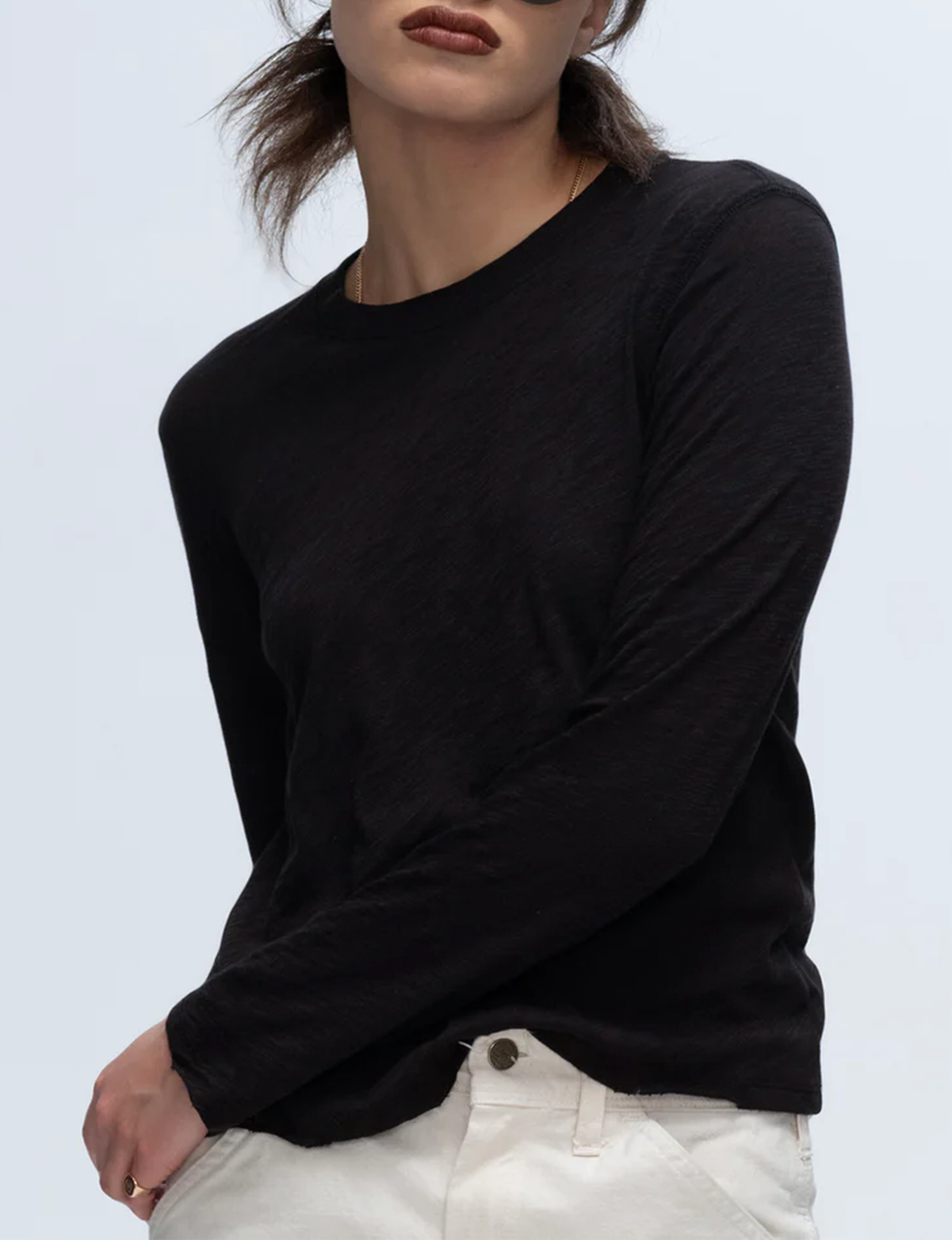 Slub Jersey Long Sleeve Destroyed Crop Crew, Black