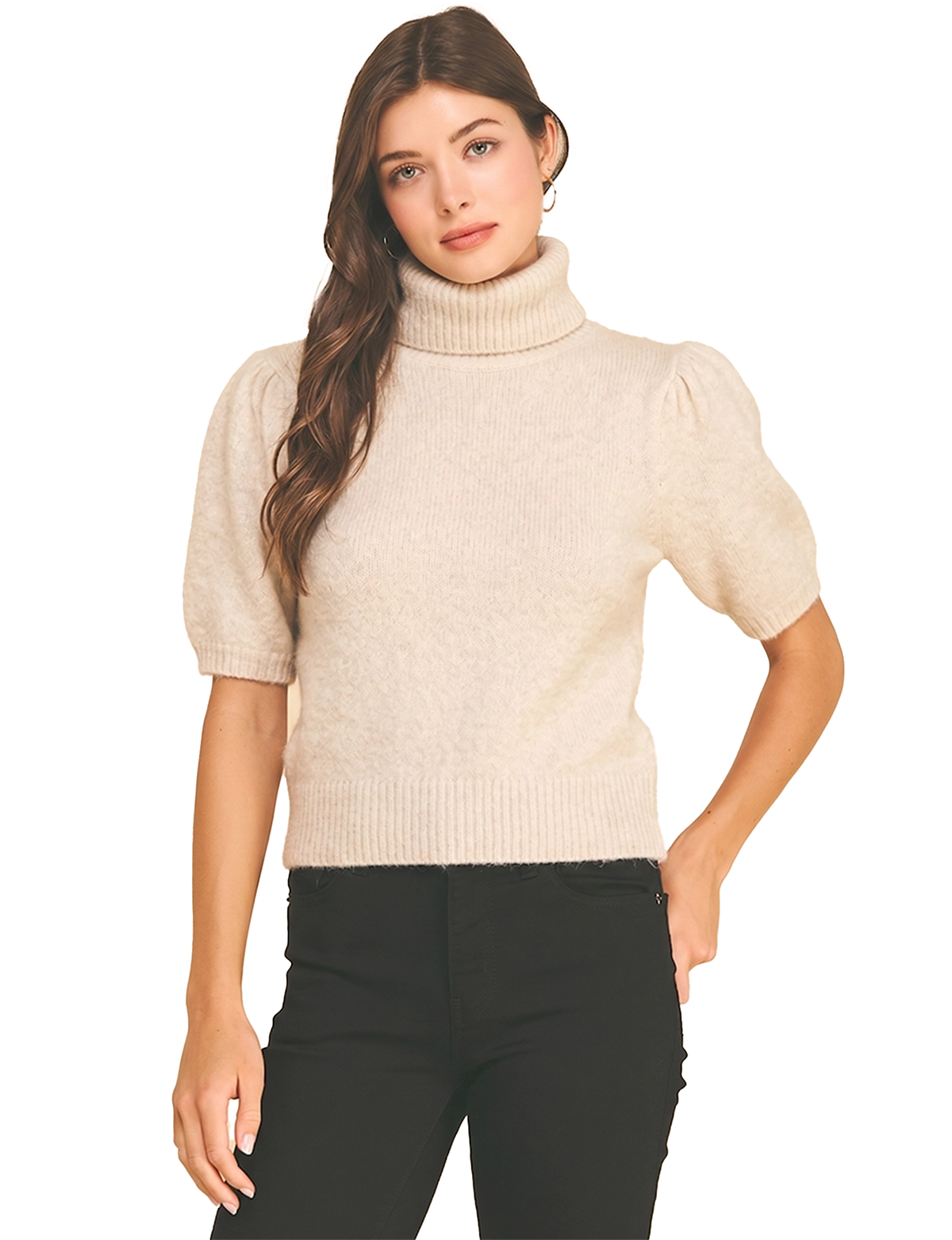Turtleneck Puff Sleeve Sweater, Oatmeal