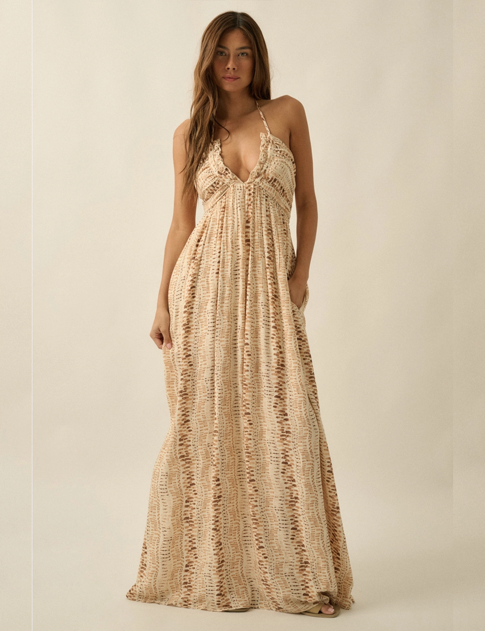 Abstract Halter Maxi Dress, Taupe