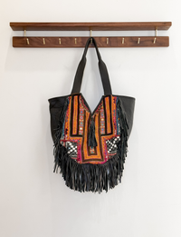 Embroidered Leather Fringe Tote, Black