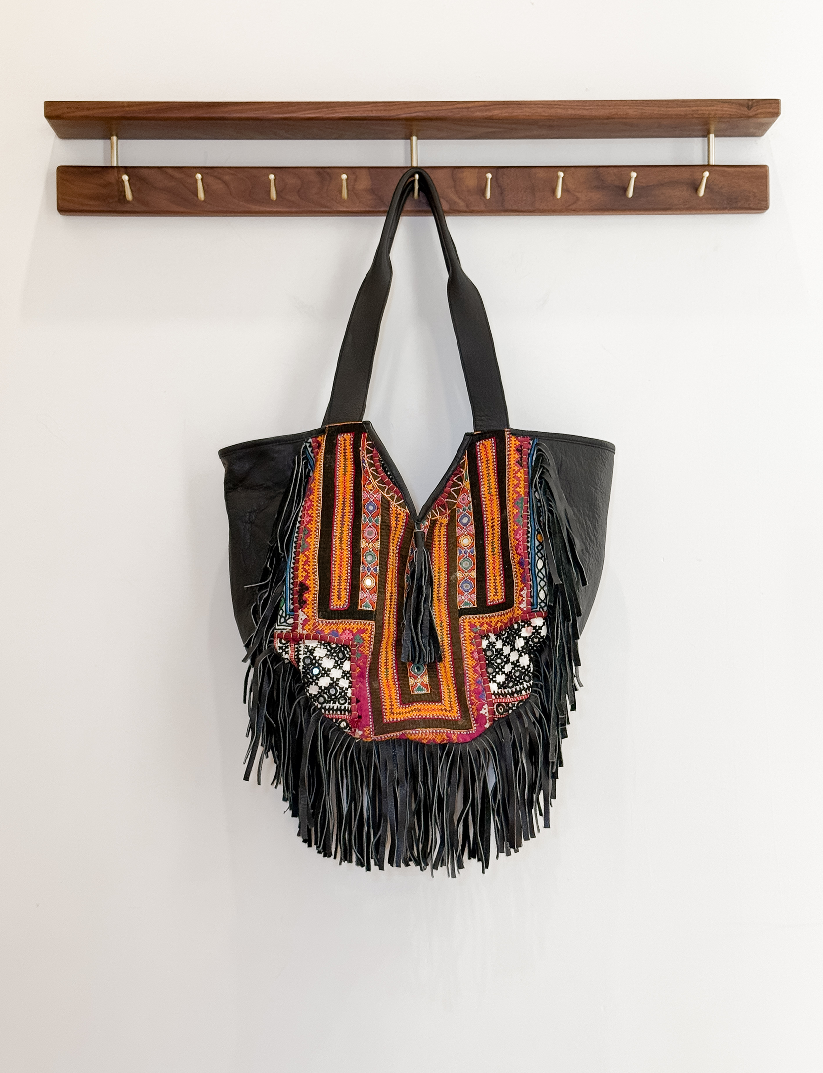 Embroidered Leather Fringe Tote, Black