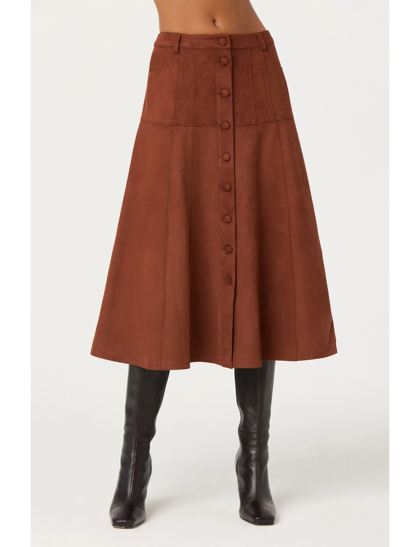 Zoya Faux Suede Midi Skirt, Brown