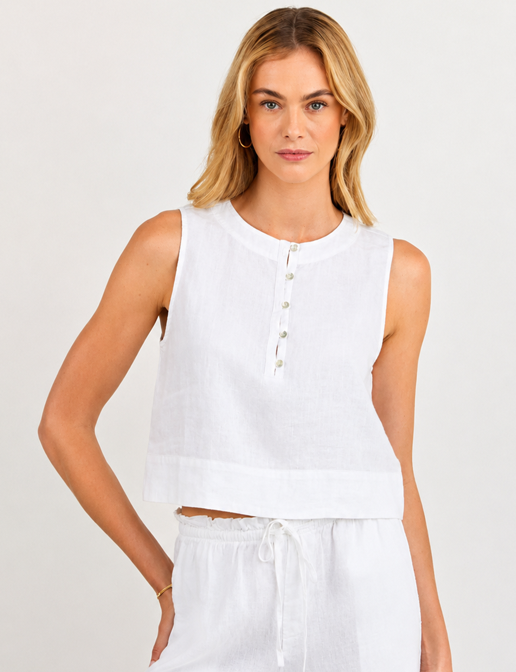 Sleeveless Placket Top, White