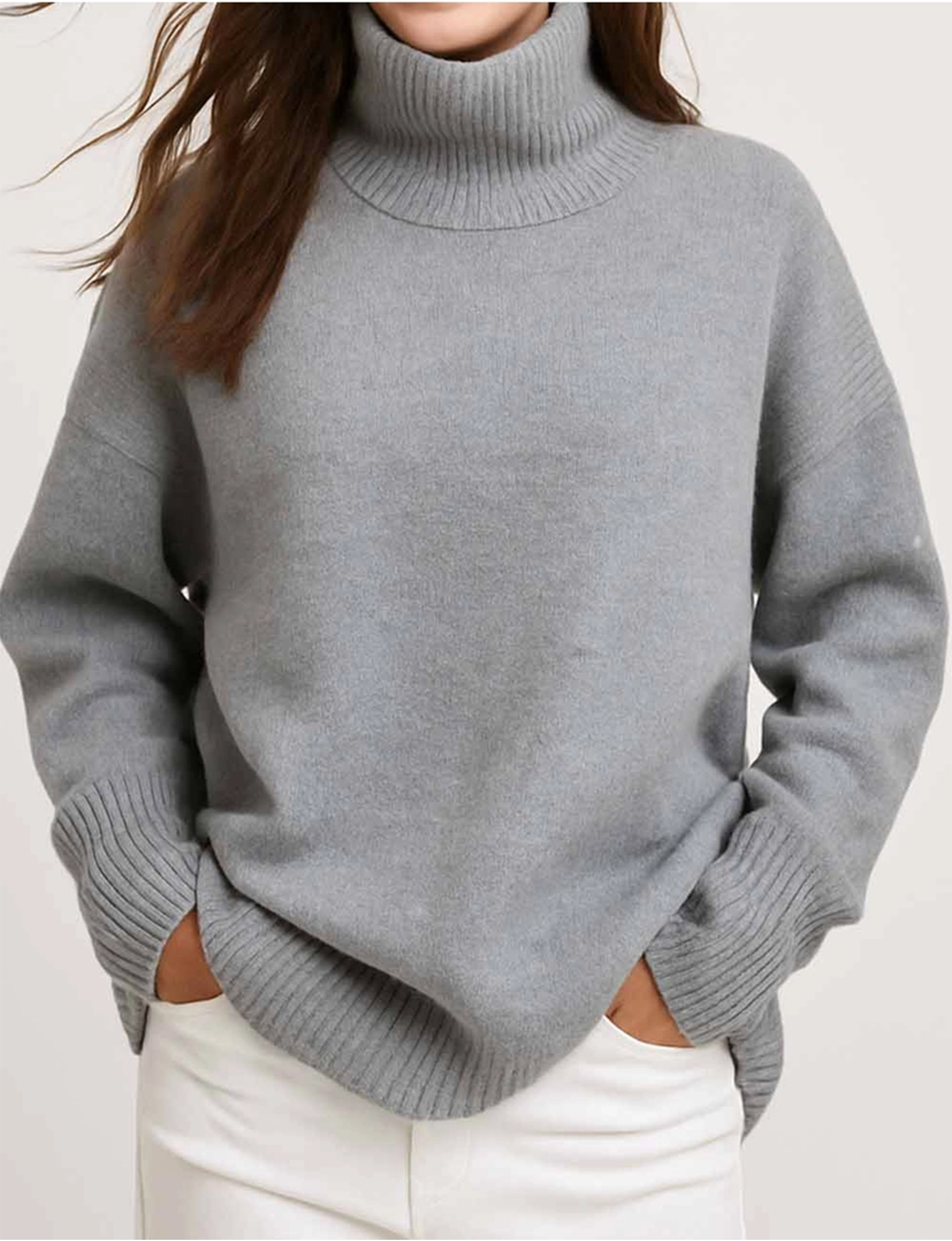 Turtleneck Knit Sweater, Ice Grey