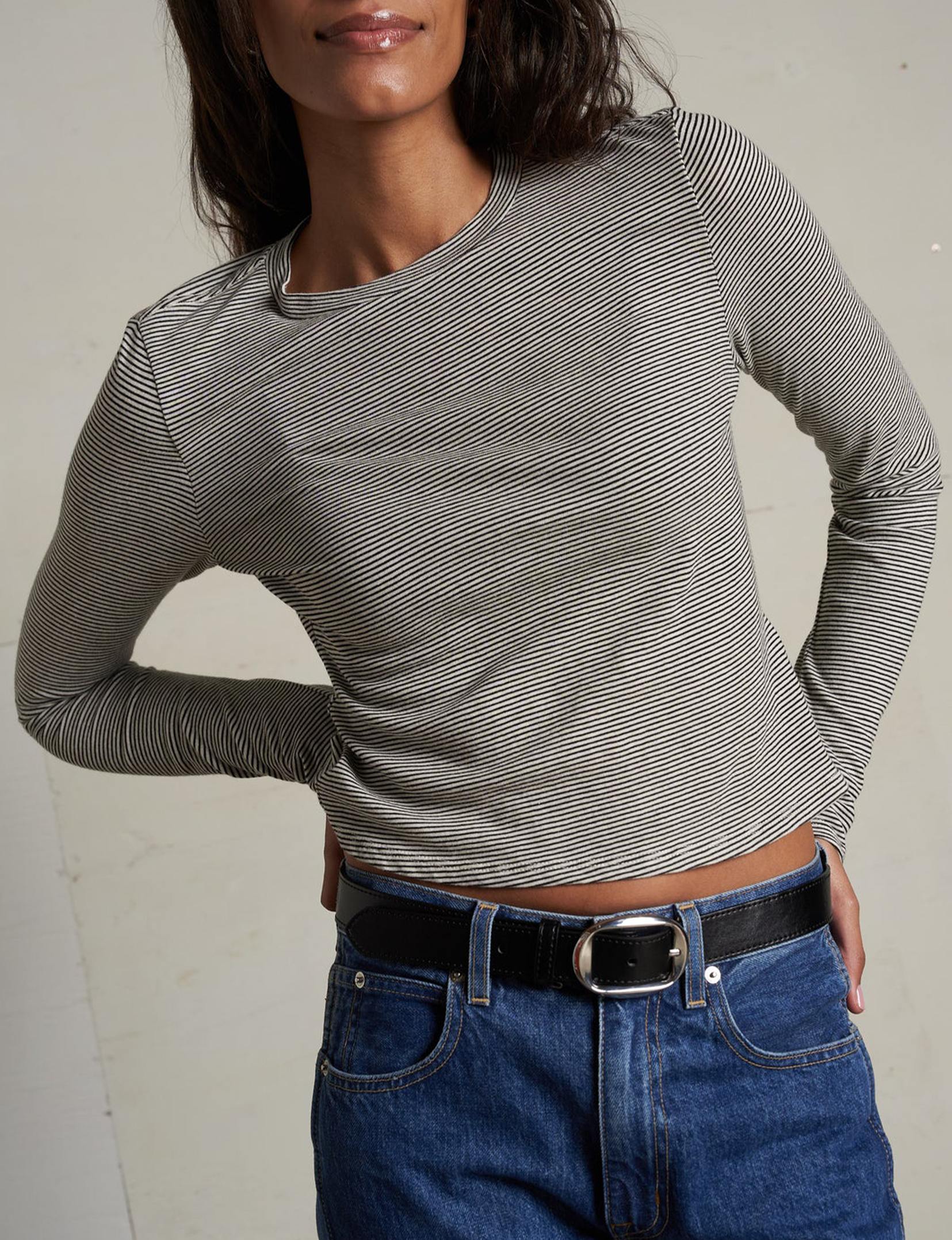 Jamie Crewneck, Ivory/Black Stripe