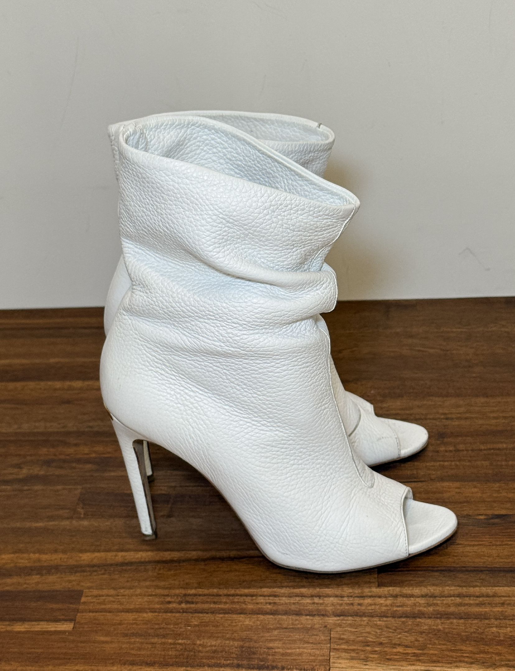 Burberry Pebbled Leather Peep-Toe Ankle Booties, White