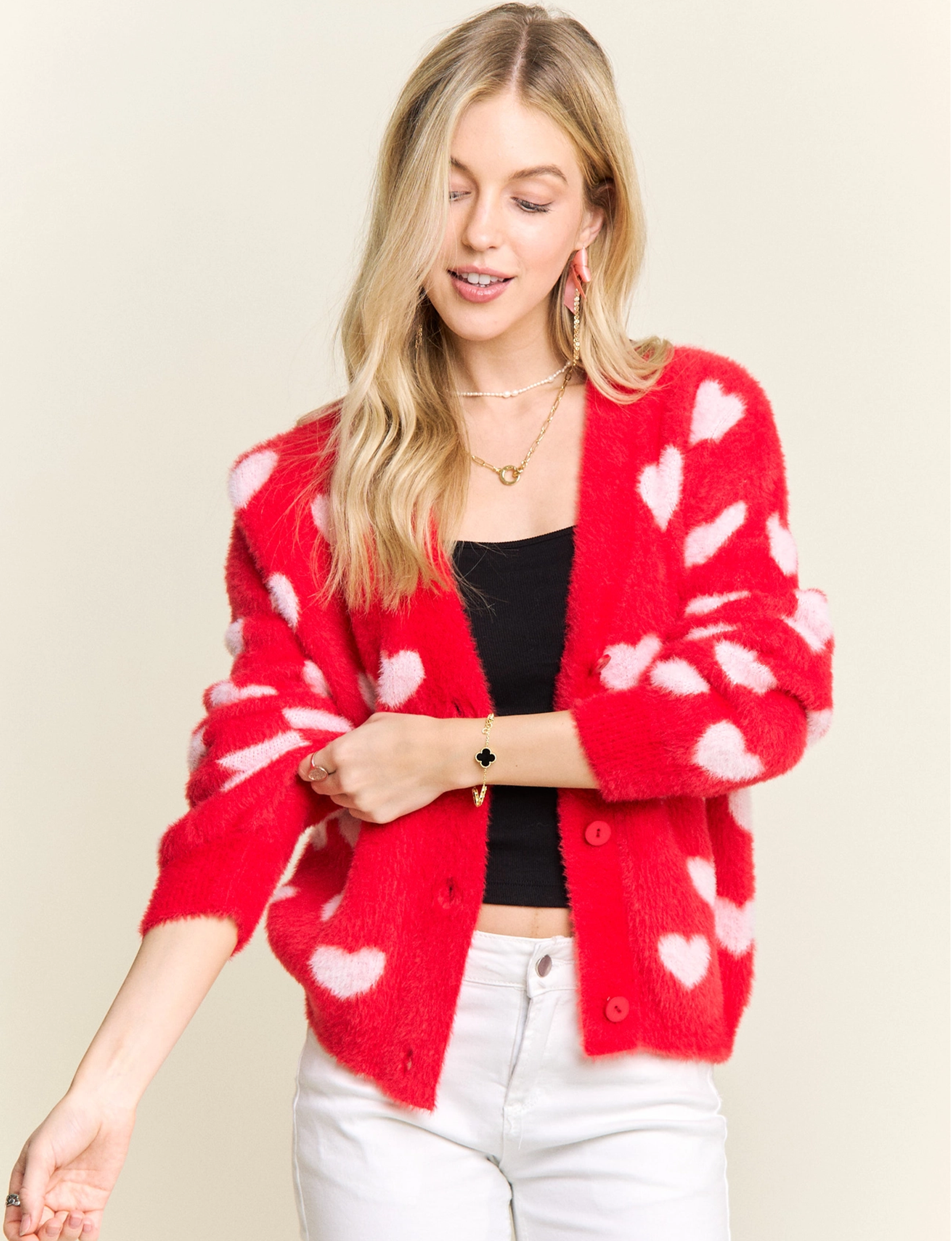 Lovely Heart Cardigan, Red/Ivory