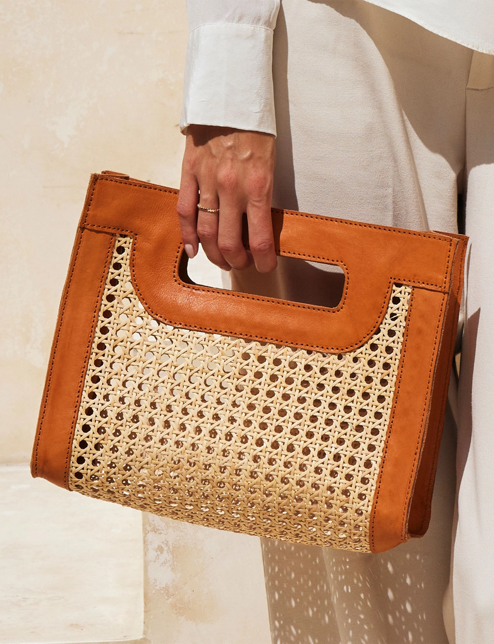 Rattan Handbag, Tan Leather