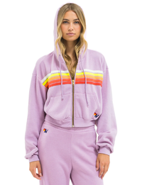 5 Stripe Cropped Relaxed Zip Hoodie, Mauve/White Neon
