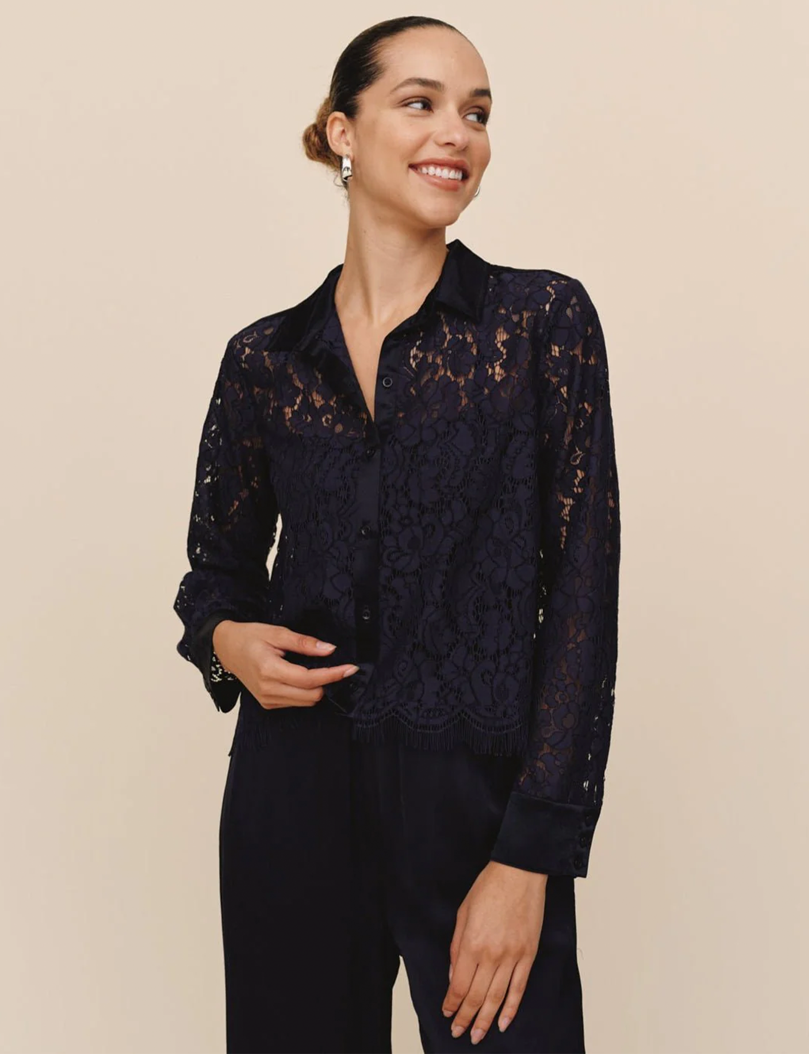 Lace Contrast Shirt, Midnight Sky