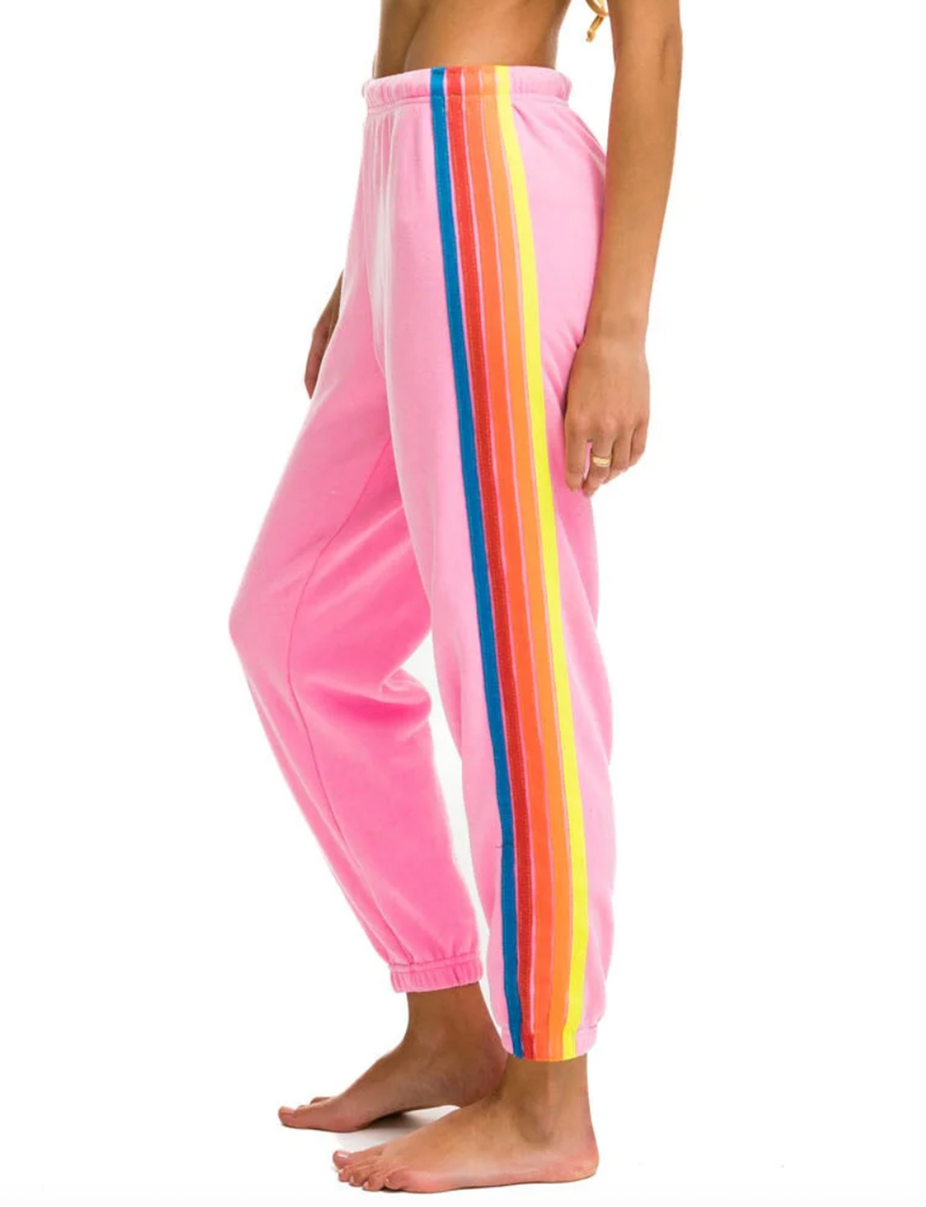 Womens 5 Stripe Sweatpant, Pink/Neon Rainbow