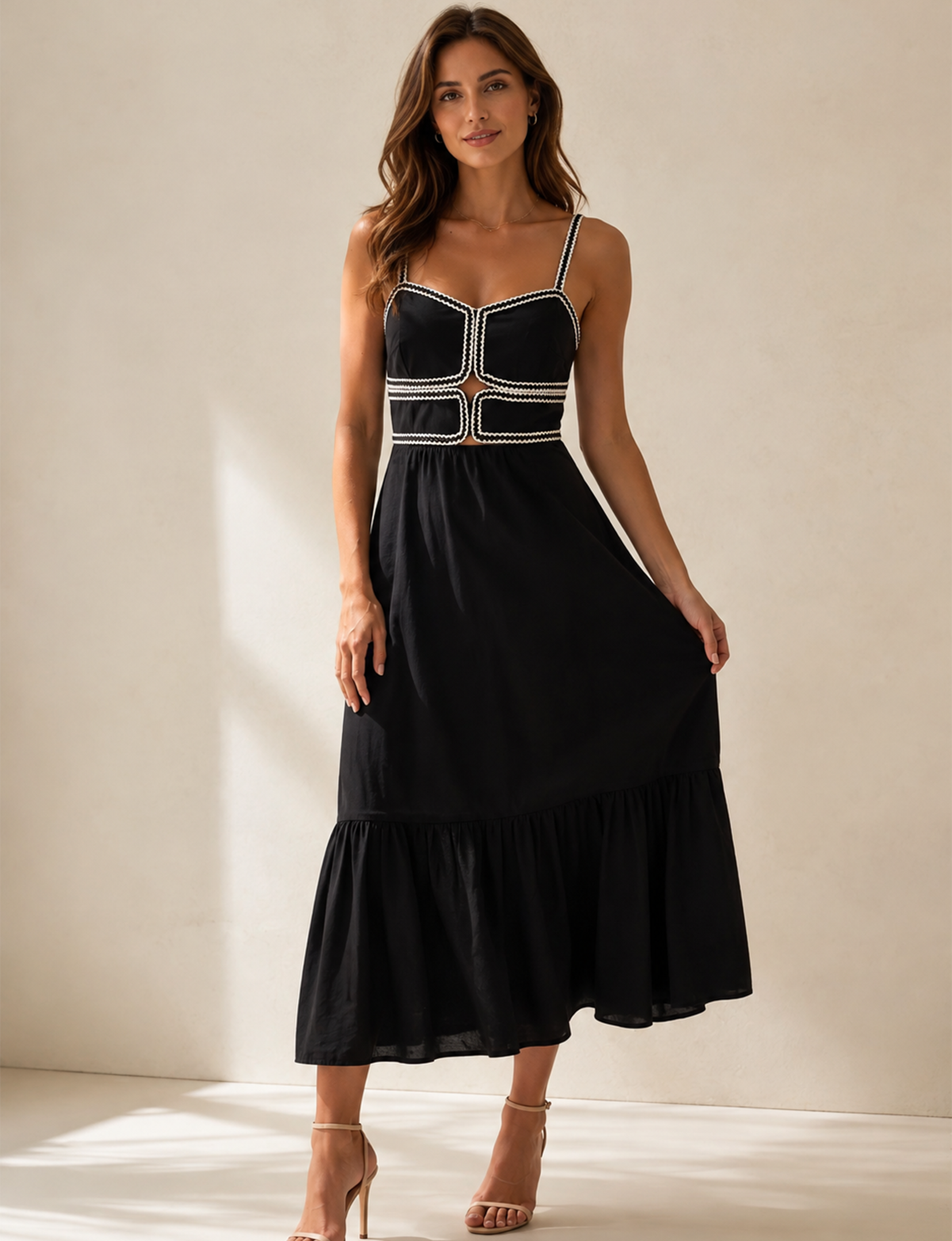 Two-Toned Summer Midi Dress, Black