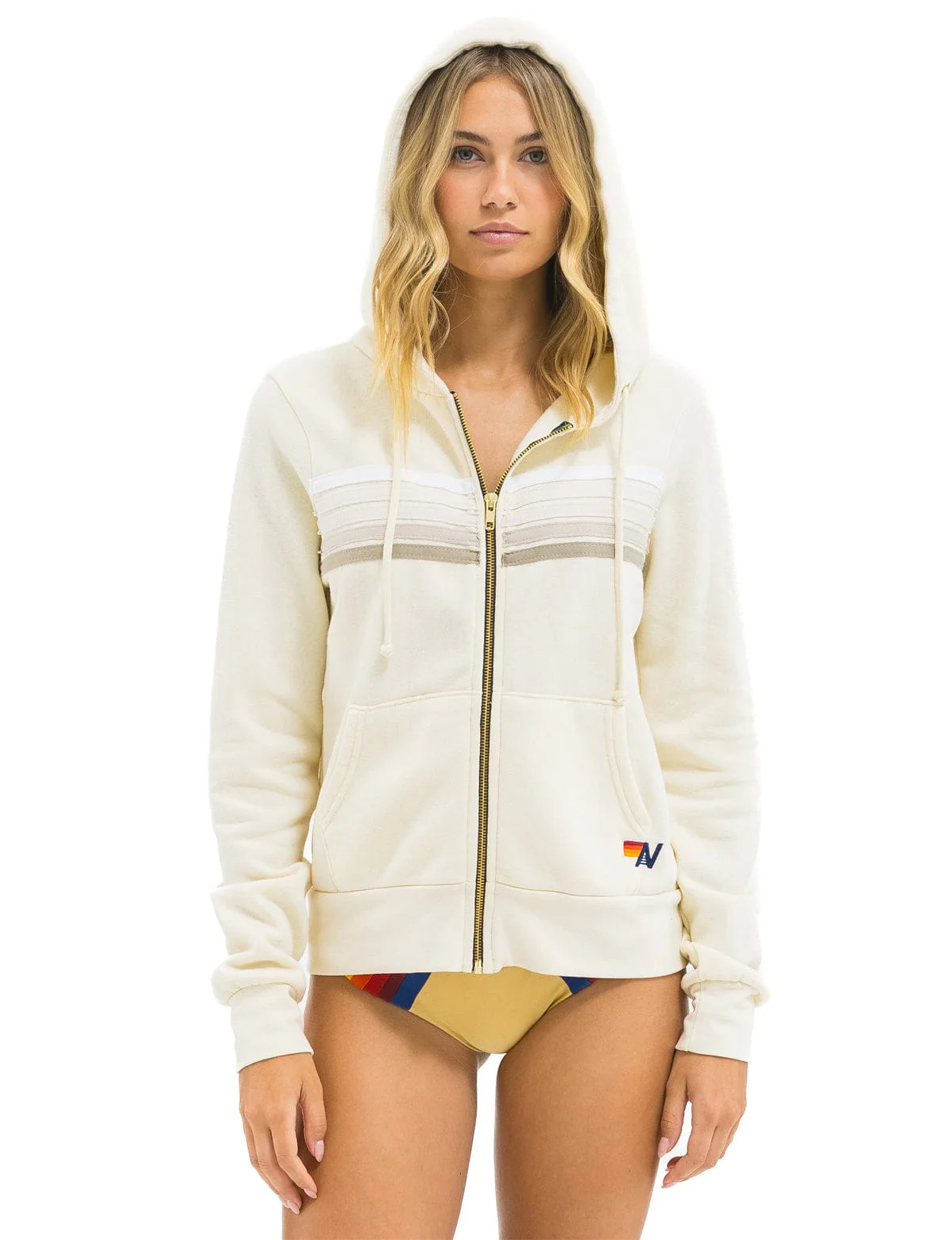 5 Stripe Zip Hoodie, Vintage White/White Grey