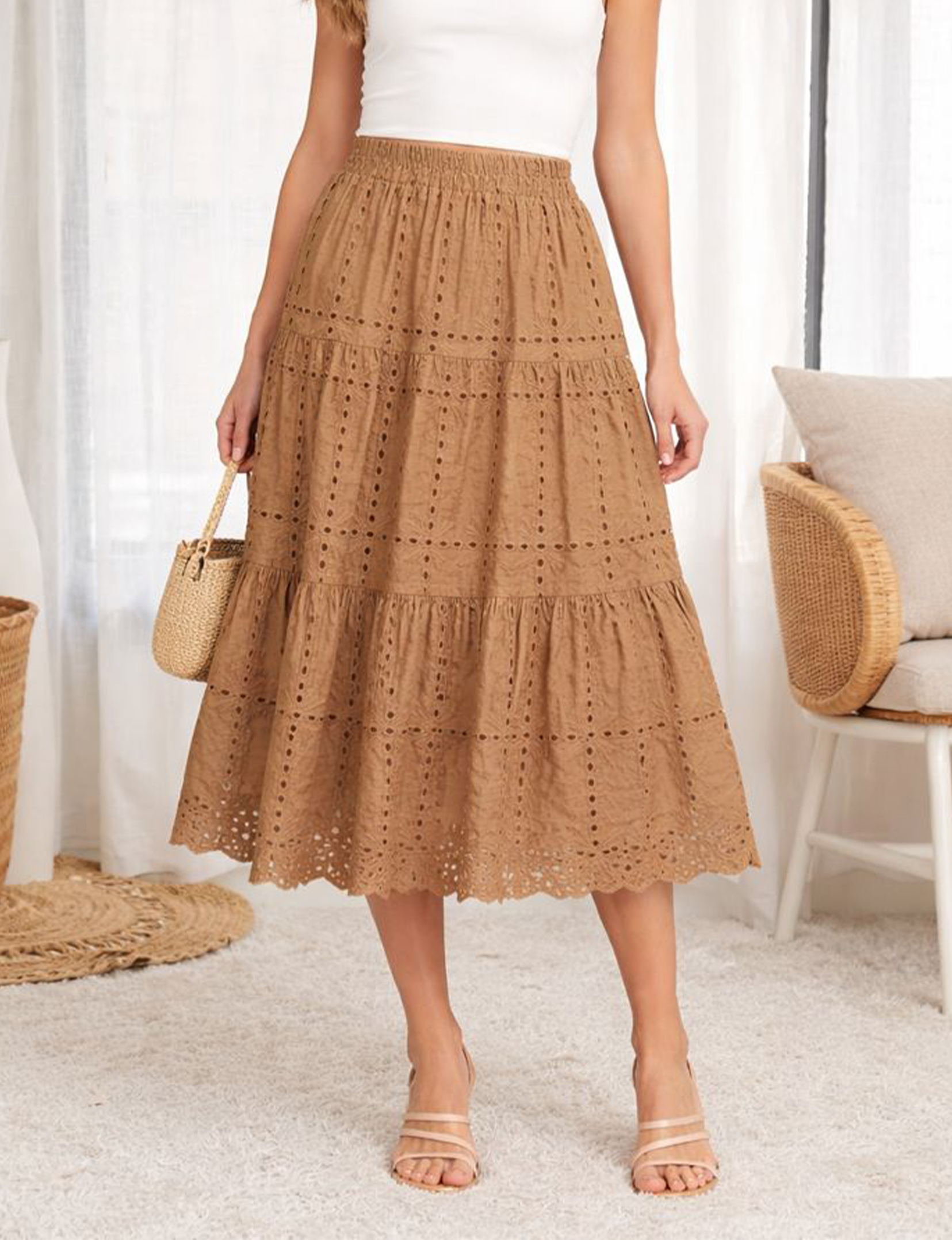 Eyelet Midi Skirt, Mocha