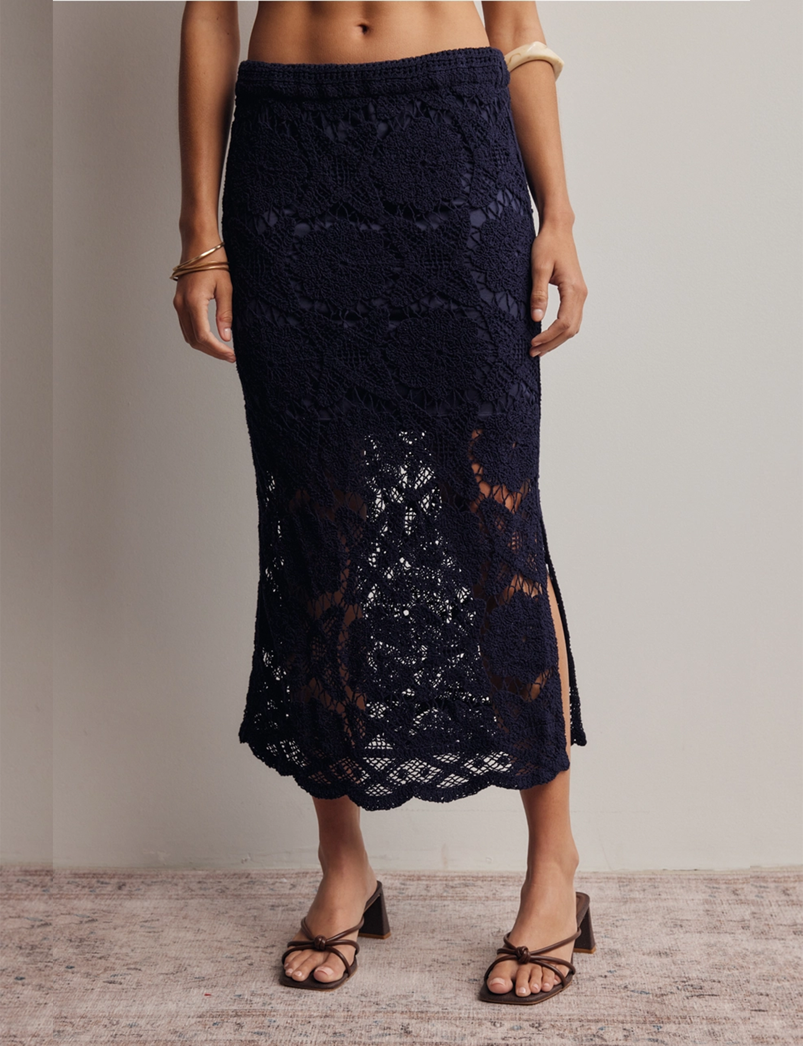 Crochet Lace Midi Skirt, Navy