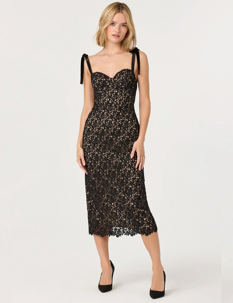 ASTR the Label | Donne Floral Lace Midi Dress in Black Nude | Size M ASTR the Label | Donne Floral Lace Midi Dress in Black Nude | Size M