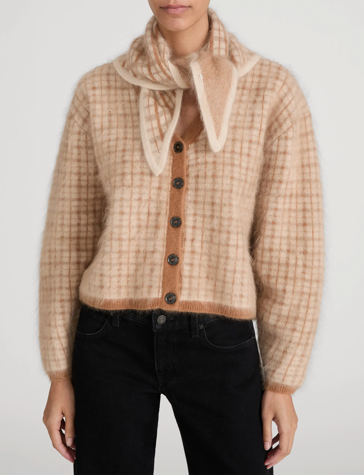 Brushed Scholar Cardi, Taupe/Multi Plaid
