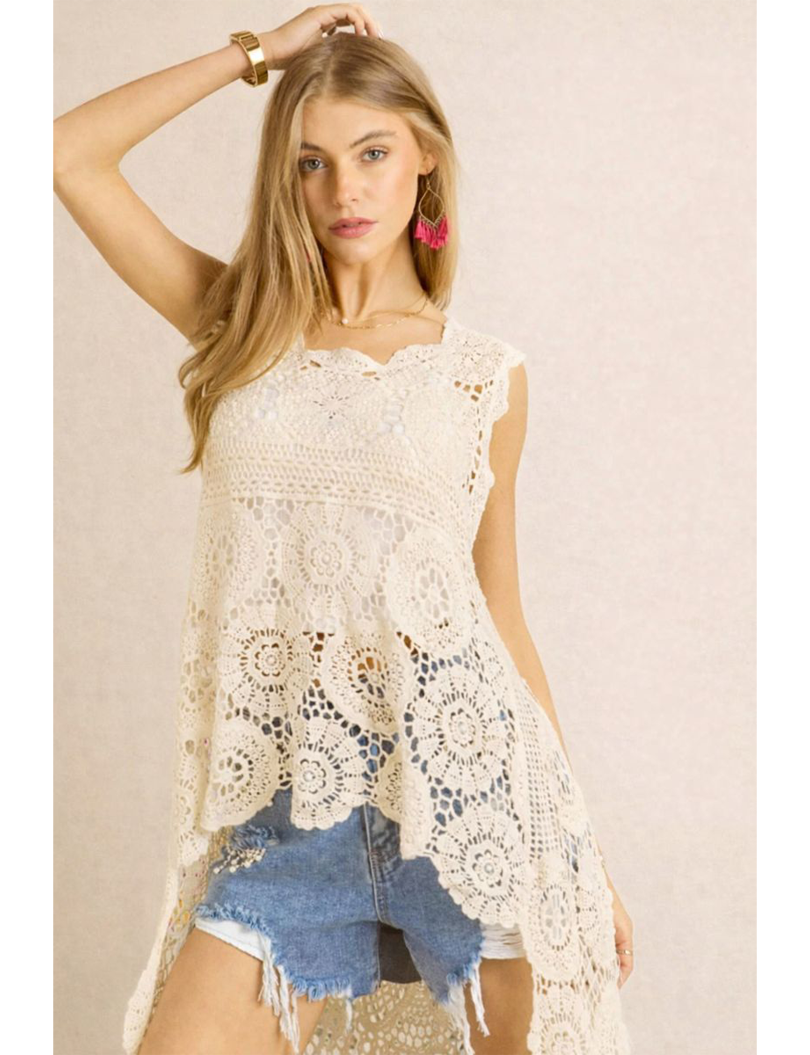 Mabel Crochet Tunic, Beige