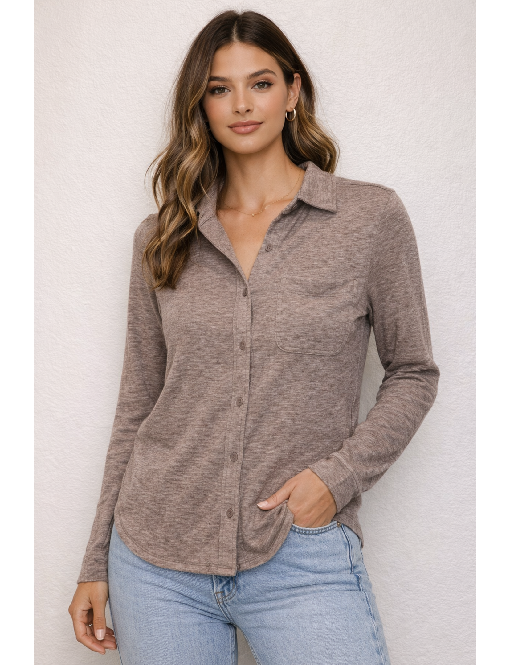 Blake L/S Button Tee, Heather Brown