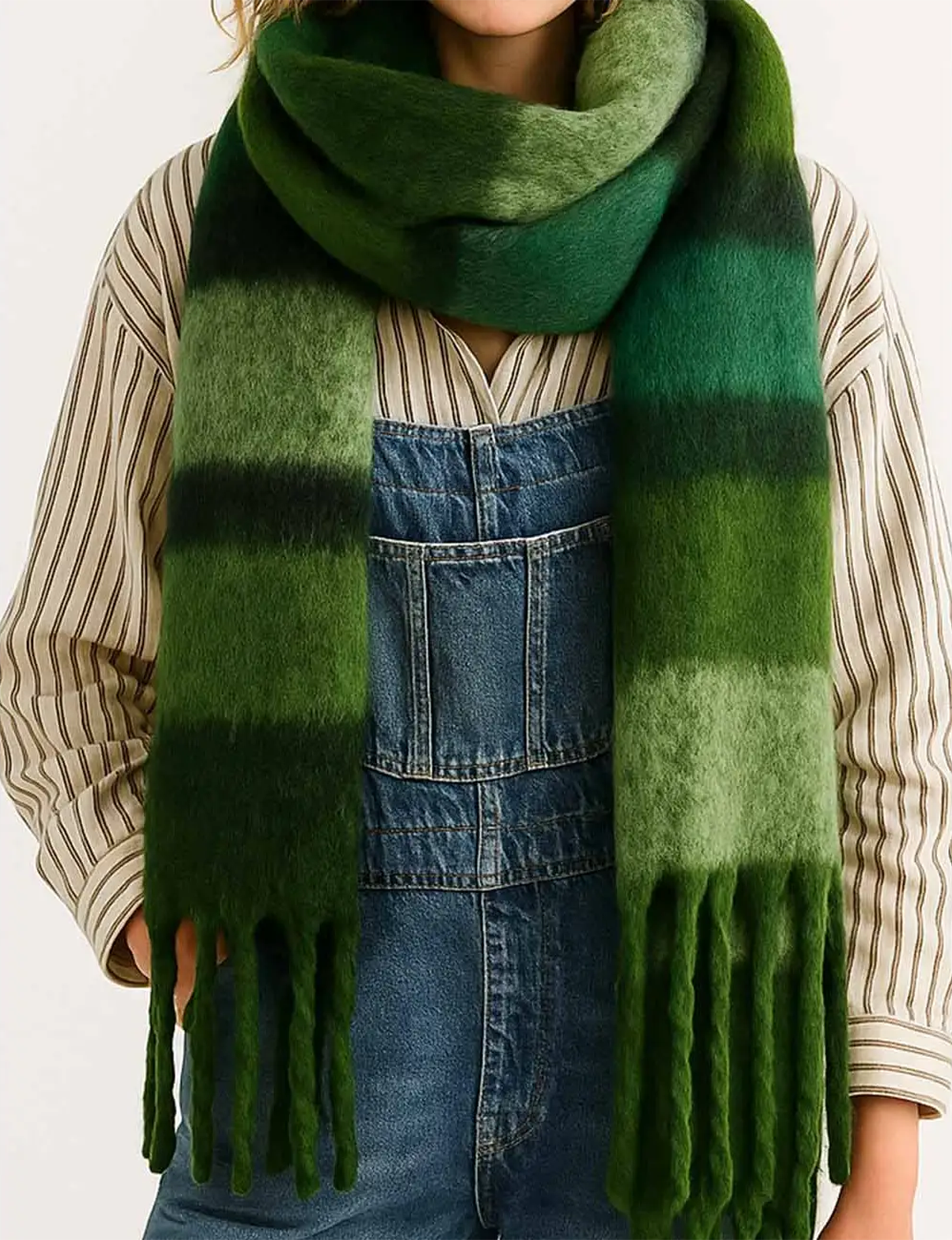 Striped Fringe Knit Scarf, Green