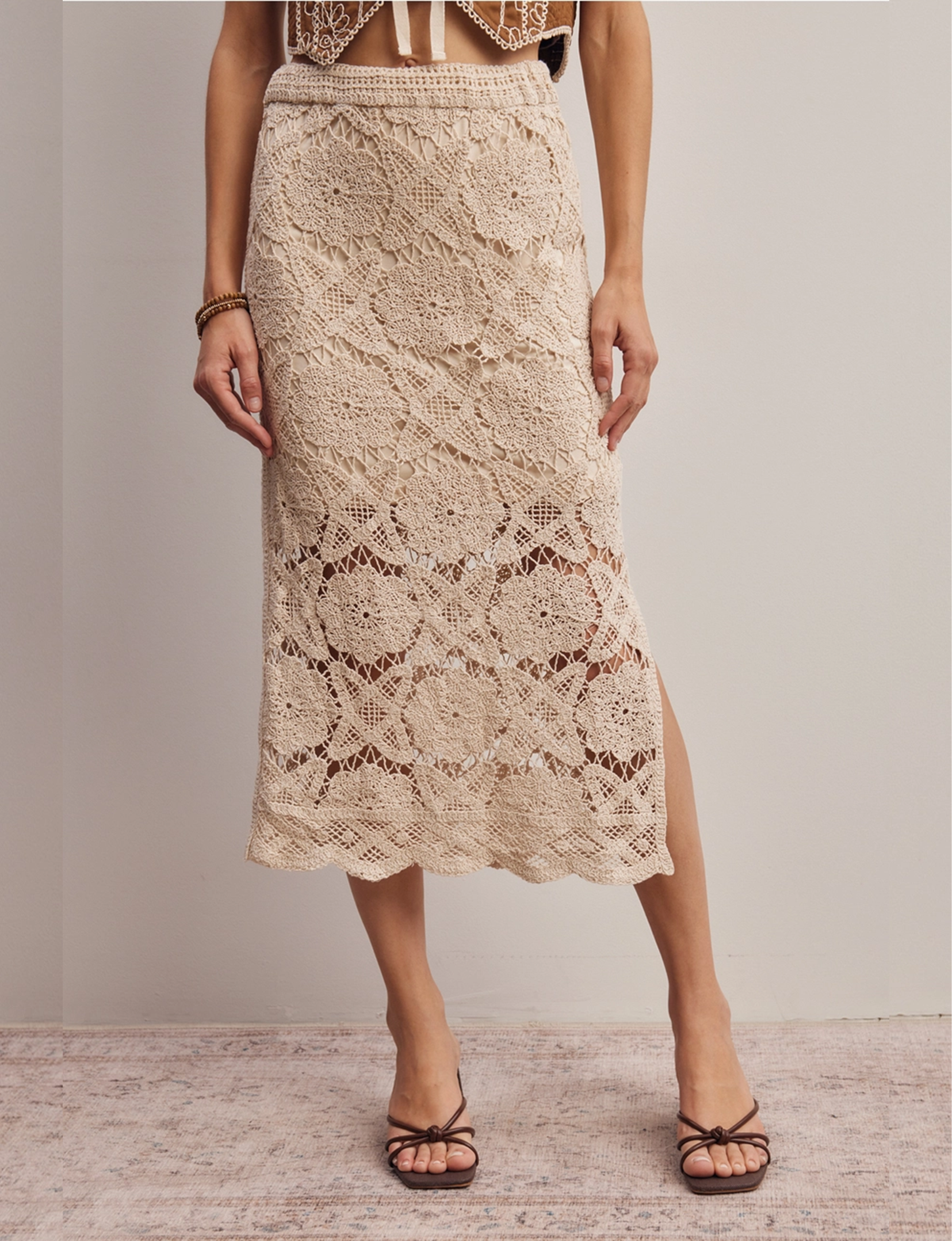 Crochet Lace Midi Skirt, Cream