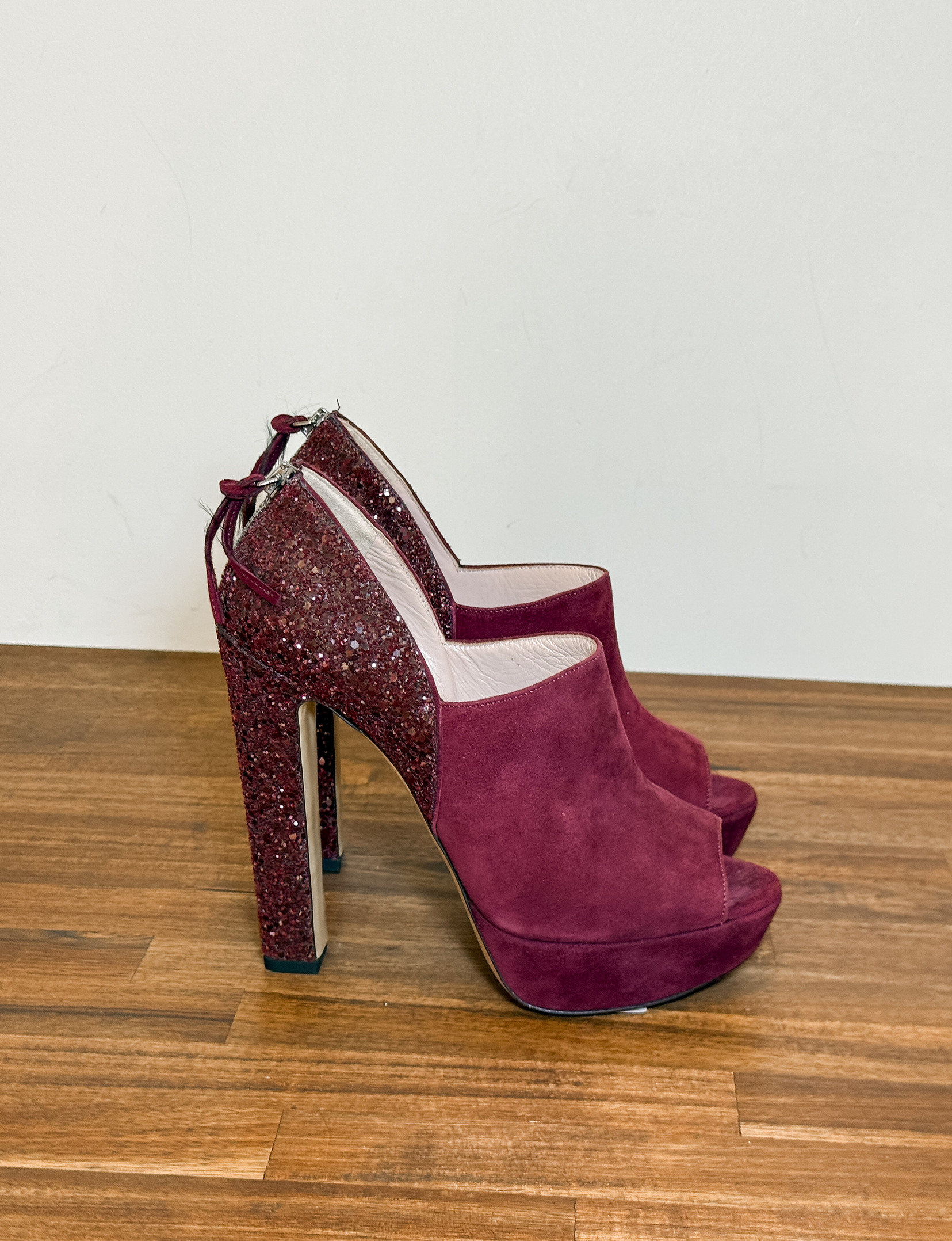 Miu Miu Suede + Glitter Peep Toe Heel, Burgundy