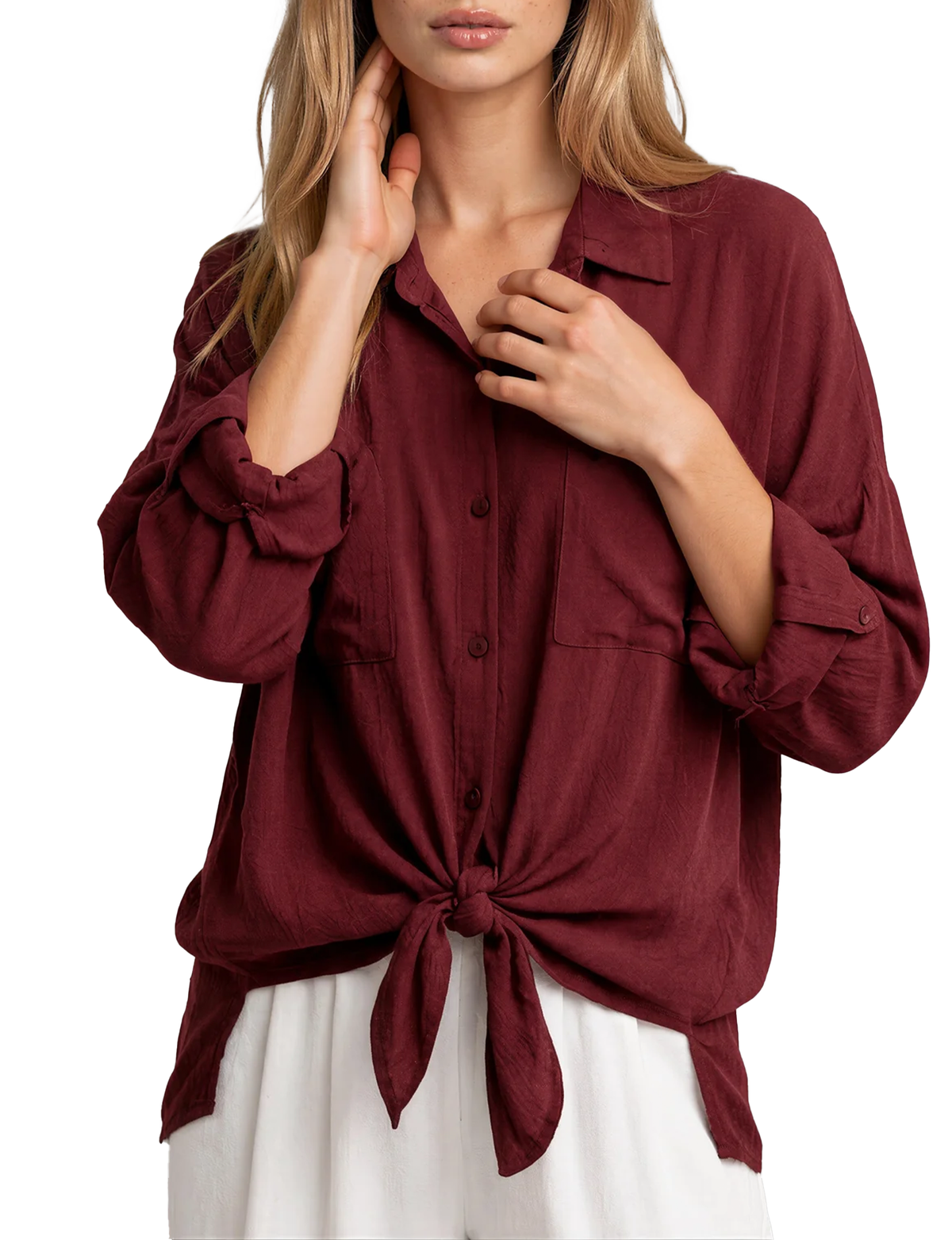 Cargo Button Down Tie Top, Burgundy
