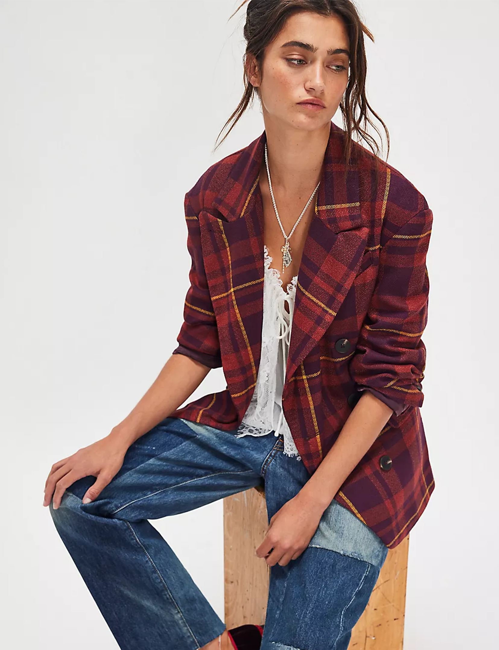 Dean Double Breasted Blazer, Plum/Combo