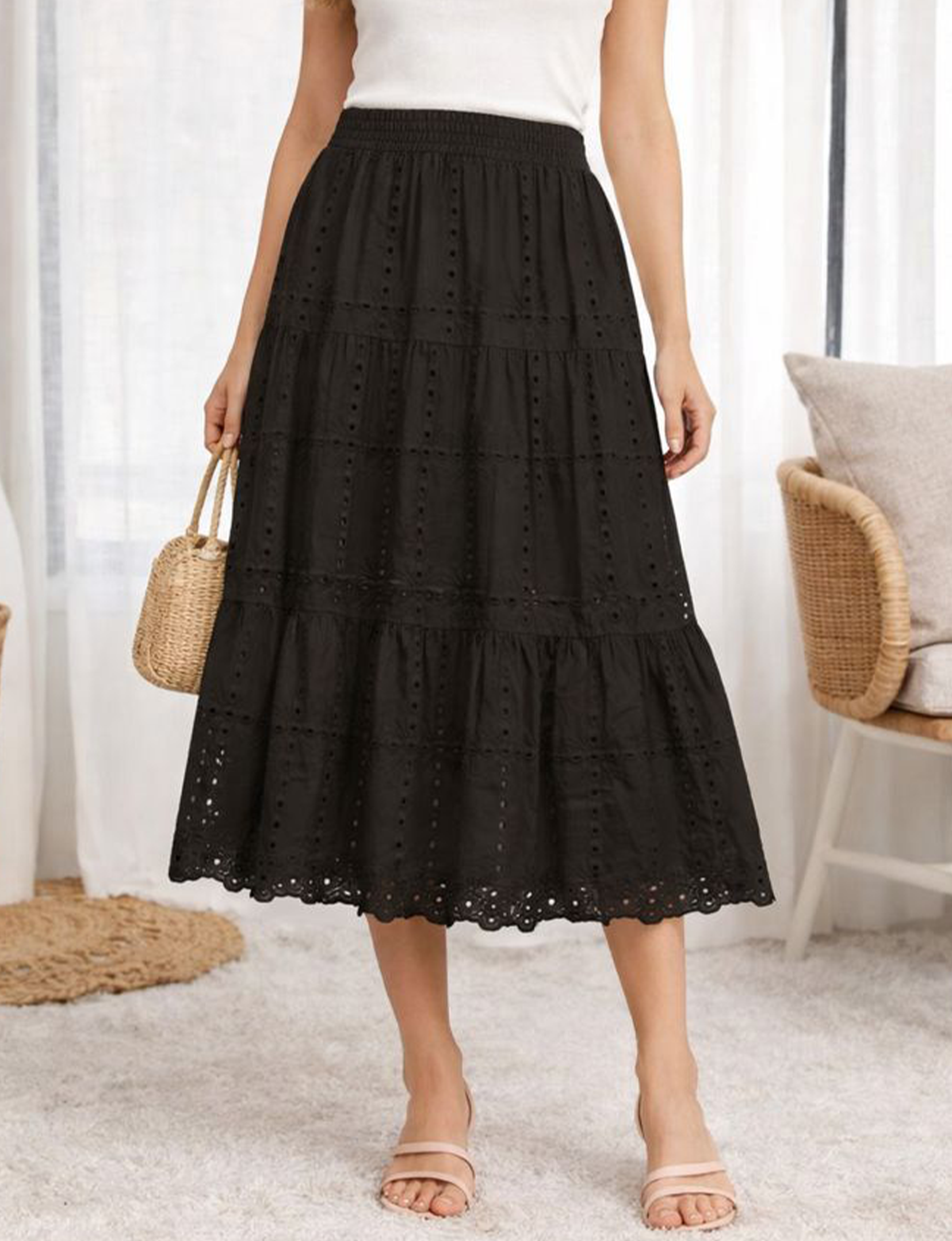 Eyelet Midi Skirt, Black