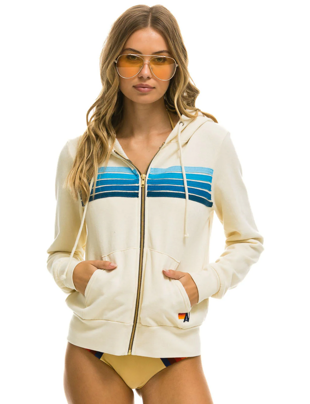 5 Stripe Zip Hoodie, Vintage White/Blue