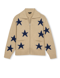 Rhea Zip Sweater, Camel/Cobalt Stars