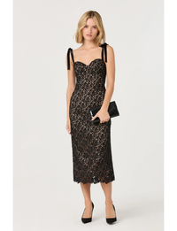 Donne Floral Lace Midi Dress, Black Nude