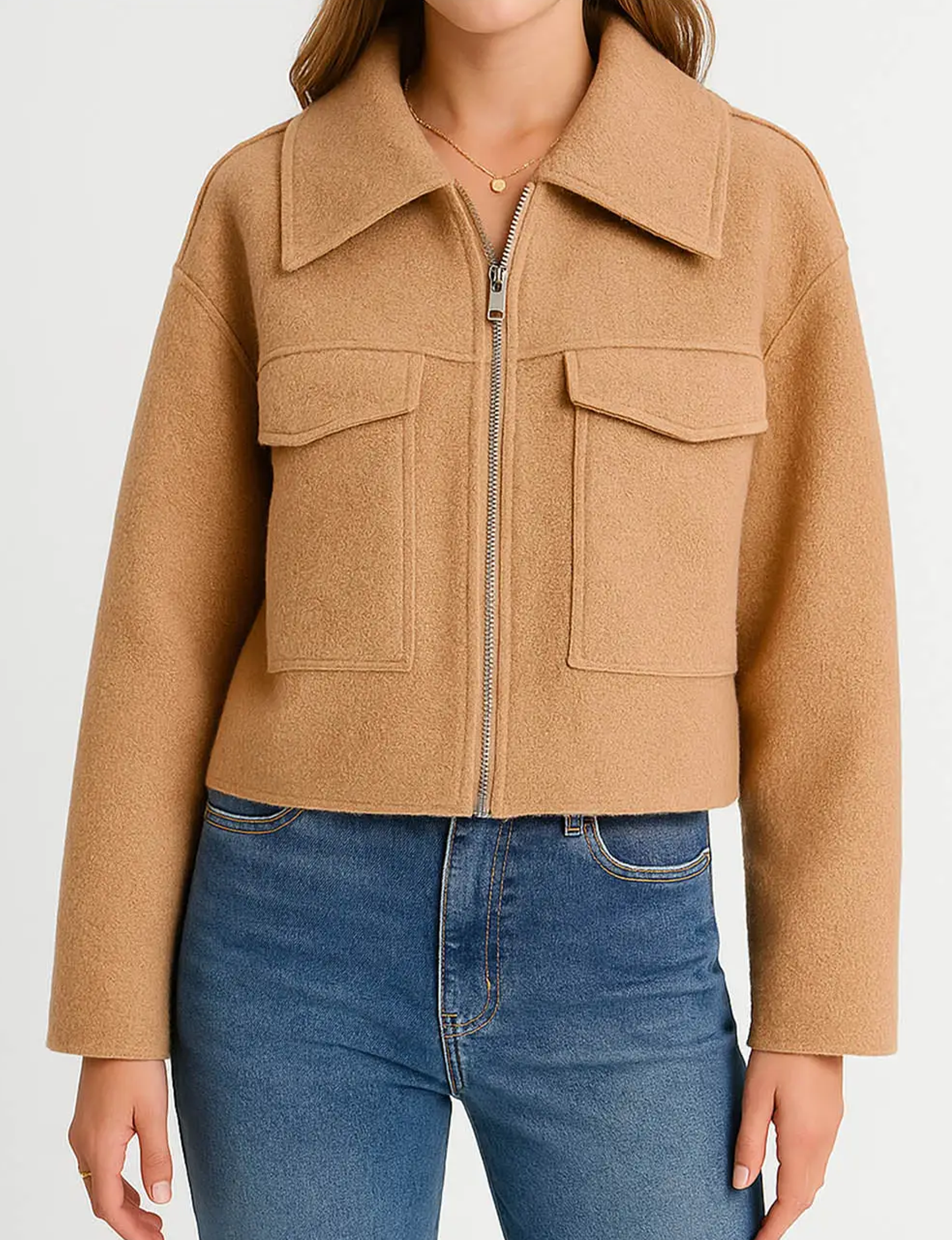 Cropped Wool Blend Jacket, Khaki